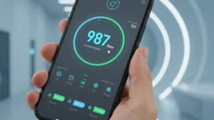 Hand holding smartphone with optimization app and speed test results representing mobile performance meter hack