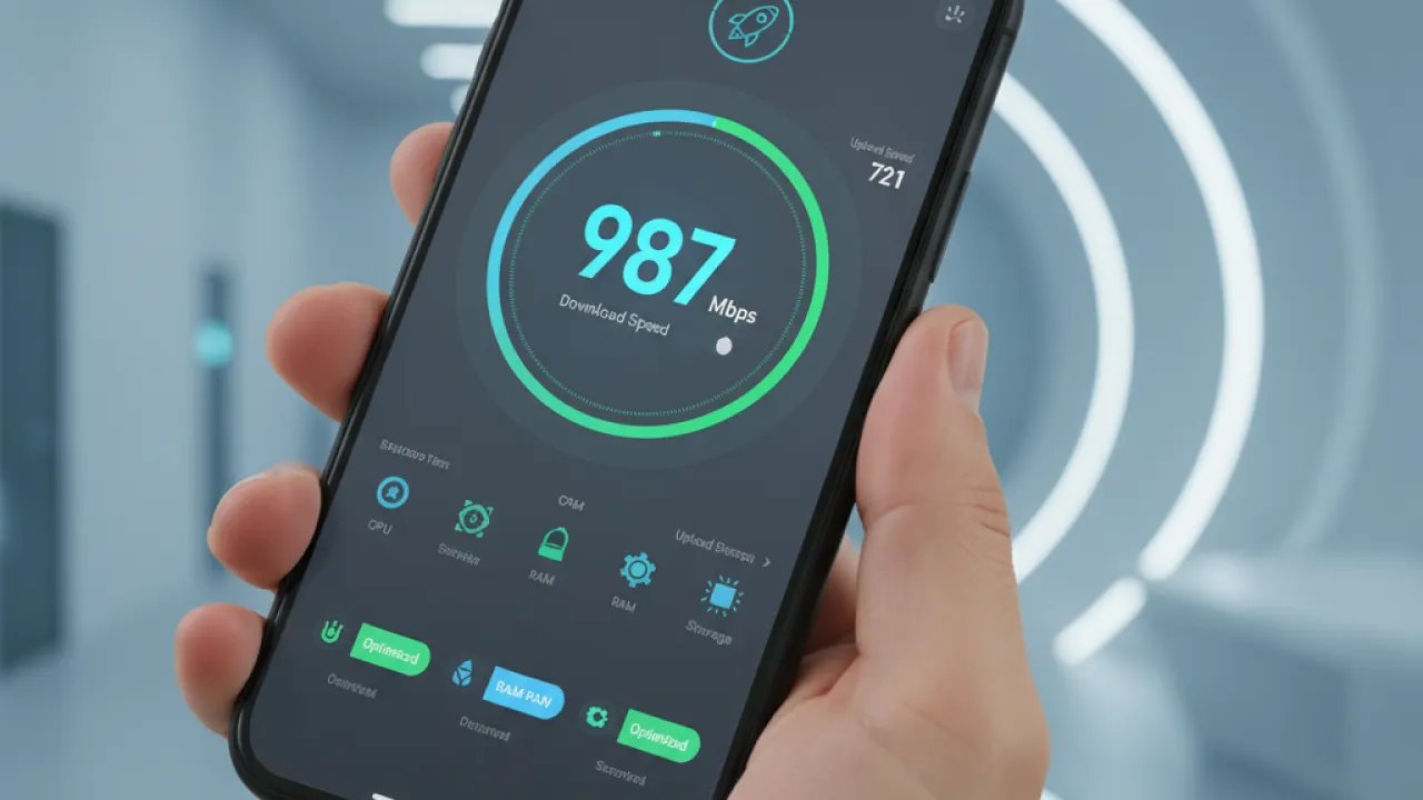 Hand holding smartphone with optimization app and speed test results representing mobile performance meter hack
