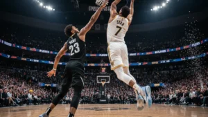 Modern NBA superstar driving to the hoop in a packed playoff arena, representing the current generation of all time greats