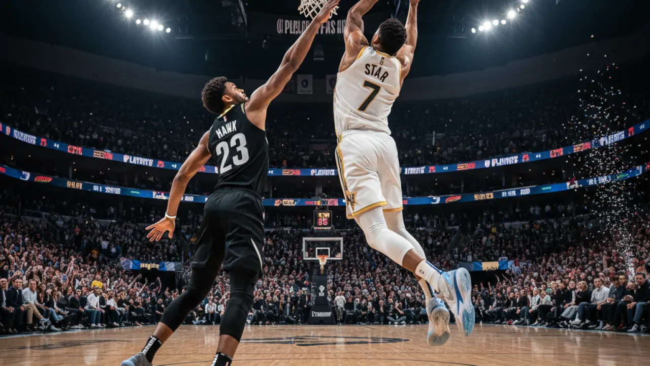 Modern NBA Superstar Driving to the Basket Modern NBA superstar driving to the hoop in a packed playoff arena, representing the current generation of all time greats
