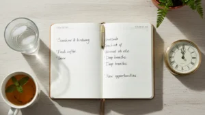 Morning anchor flat-lay with gratitude journal water tea and clock representing daily morning habits