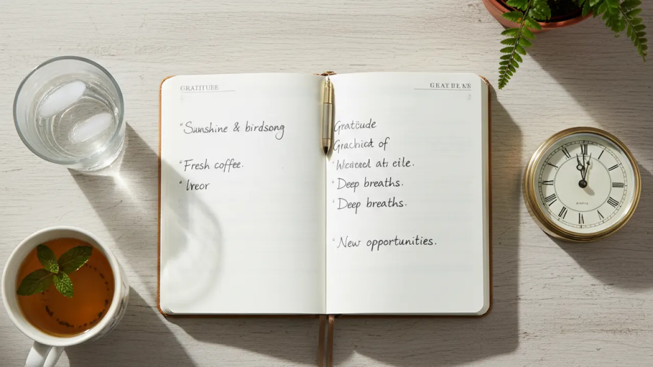 Morning Anchor Ritual - Gratitude Journal Water and Tea Morning anchor flat-lay with gratitude journal water tea and clock representing daily morning habits