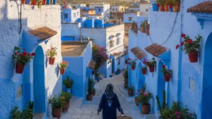 Brilliant blue painted walls and steps of Chefchaouen Morocco with colorful potted plants and woman in traditional dress, representing Morocco as cultural North Africa destination 2026