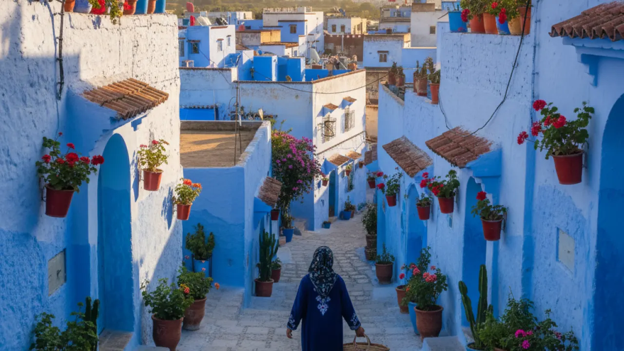 Brilliant blue painted walls and steps of Chefchaouen Morocco with colorful potted plants and woman in traditional dress, representing Morocco as cultural North Africa destination 2026