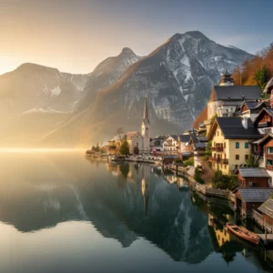 A small alpine lake village with wooden bridges at sunrise, representing the most beautiful places in the world