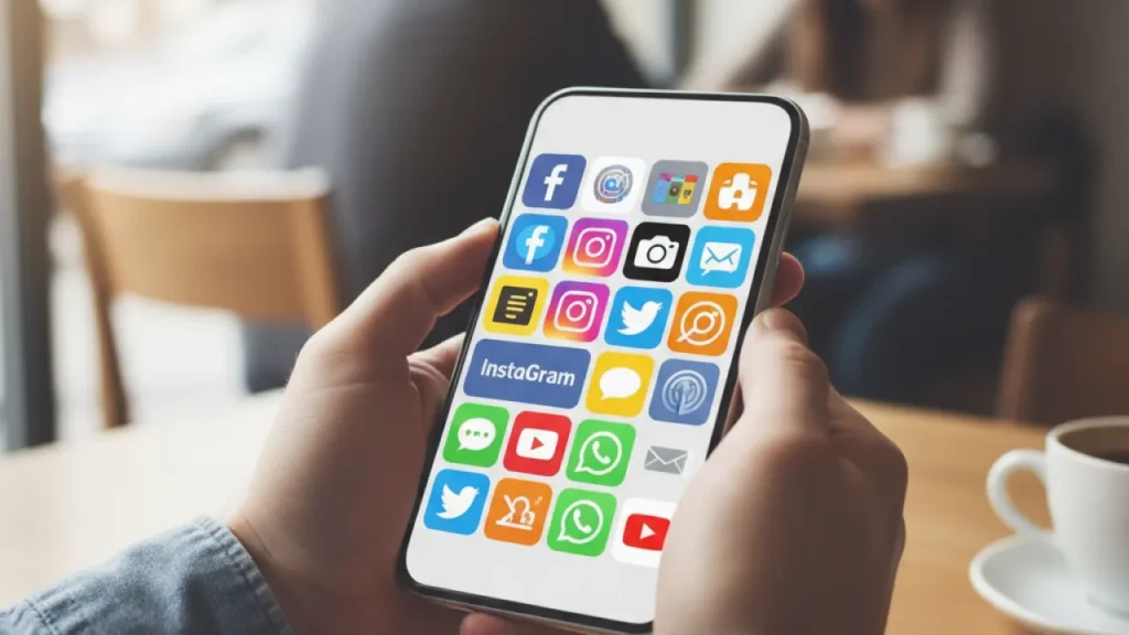 Smartphone showing colourful grid of social media app icons, representing the most popular social media platforms in 2026