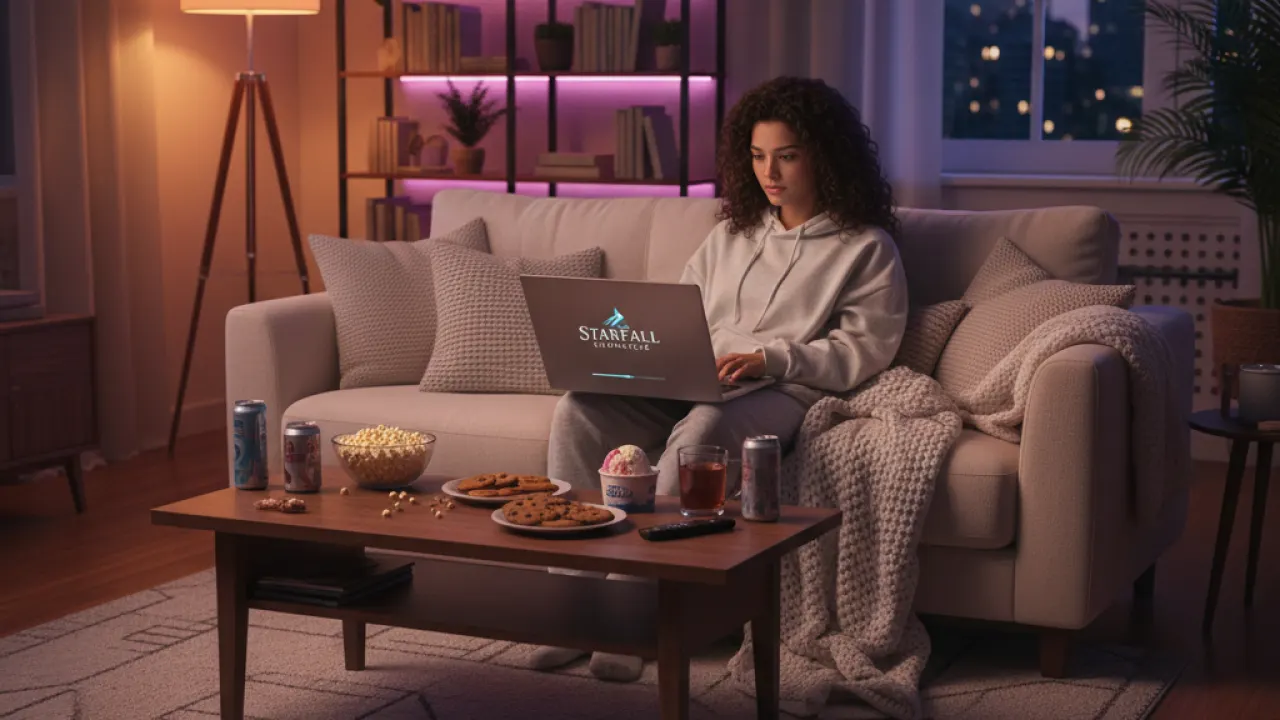 Streaming Movies Online Person watching movie streaming on laptop in cozy living room with dim lighting representing online movie streaming