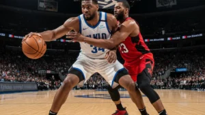 MVP tier center setting up a low post move against a defender, representing the best big men in the NBA