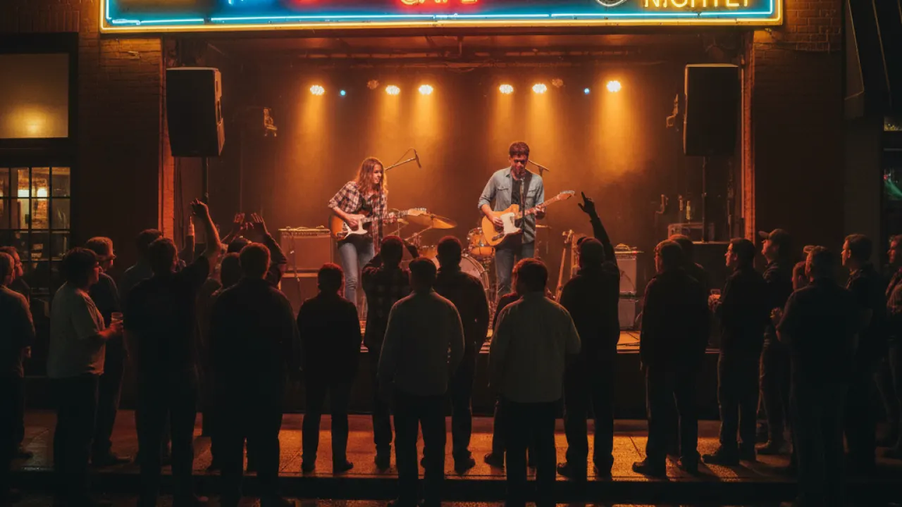 Nashville Tennessee live music venue with neon signs and band on stage, representing the music city experience