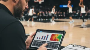 Coach reviewing detailed NBA analytics on tablet during game, representing the stats behind ranking the all time greats