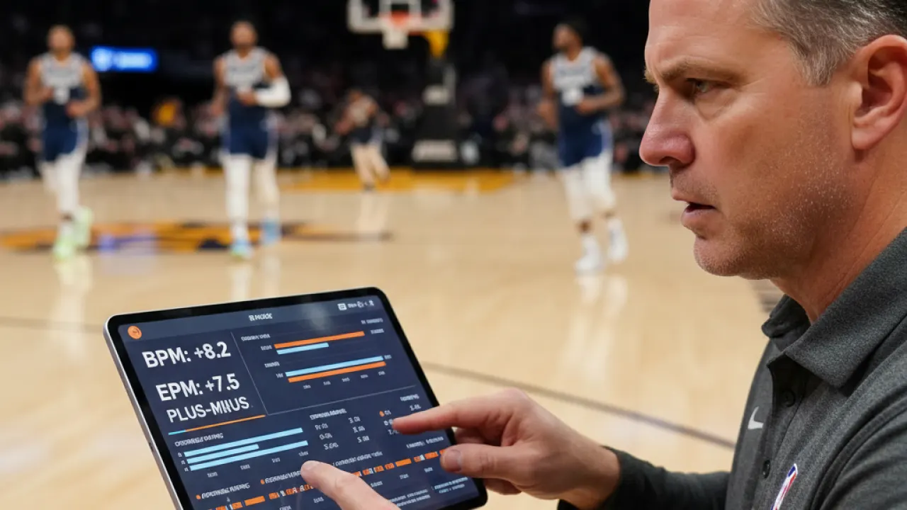 NBA Analytics Tablet - Advanced Player Metrics on the Bench NBA coach holding tablet with advanced player metrics on the sideline, representing the analytics behind the best player debate