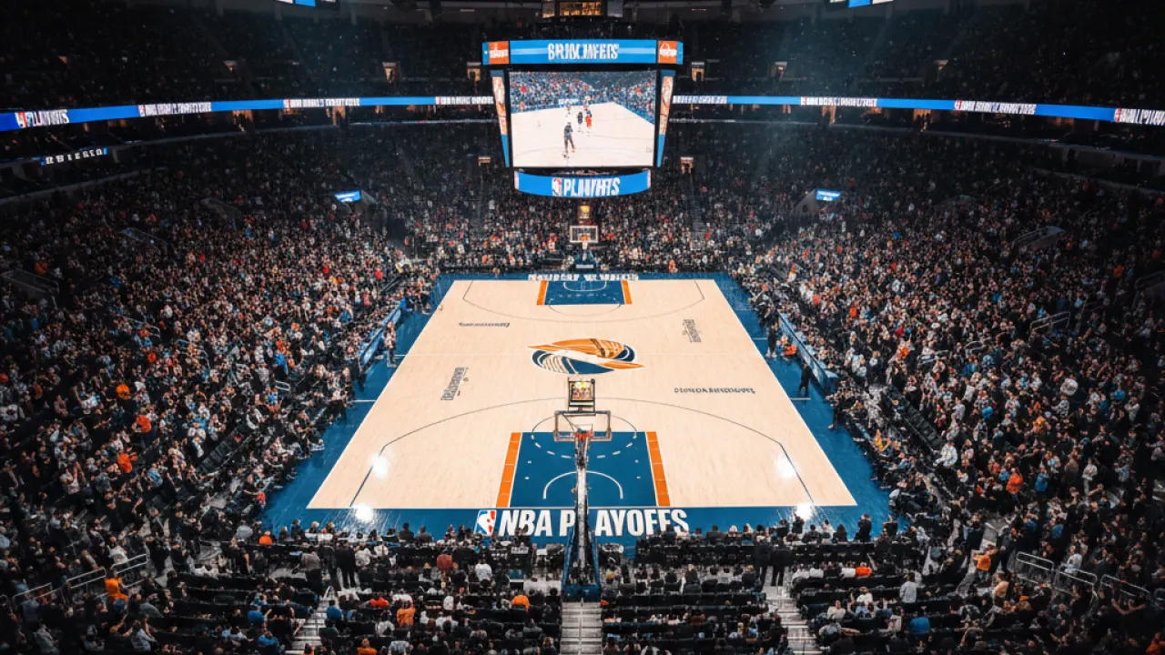 An overhead view of a packed NBA arena during a playoff game, representing the massive business of pro basketball