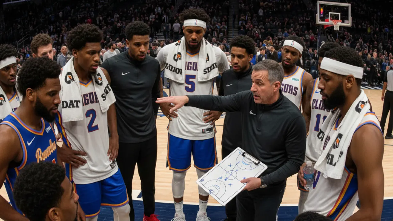 NBA Coach Drawing Up a Play - Timeout Huddle NBA coach drawing up a play during a timeout with players gathered around, representing the leadership behind ranking top players