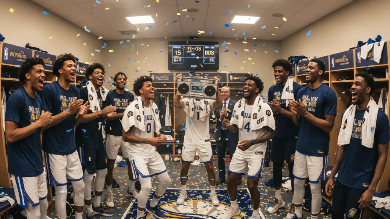 NBA Team Locker Room Celebration NBA team celebrating a regular season win in the locker room with sweaty players, representing team success behind the best players