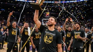 NBA player holding MVP trophy with confetti in arena, representing the annual NBA Most Valuable Player race