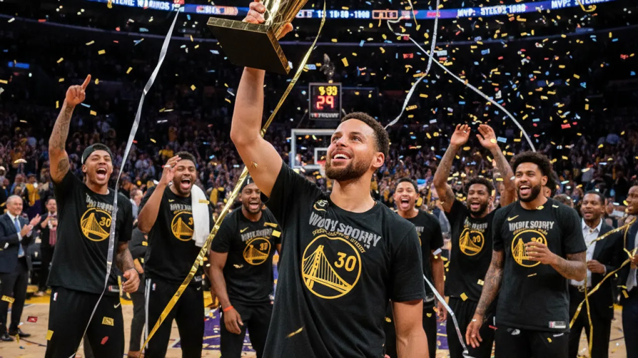 NBA MVP Trophy Celebration - Annual Award NBA player holding MVP trophy with confetti in arena, representing the annual NBA Most Valuable Player race