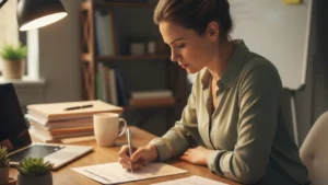 Business owner signing net 30 vendor application paperwork at a desk, representing opening the first business tradeline