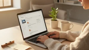 Newsletter creator typing on a laptop at a desk, representing the specialist newsletter business model