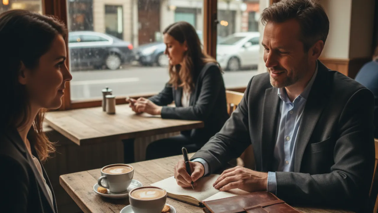 Coach in a one-on-one session with a client taking notes at a wooden table, representing the niche coaching business model