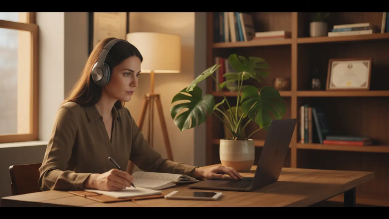 Niche consultant doing a virtual coaching call with headphones and notebook, representing the specialist coaching business model