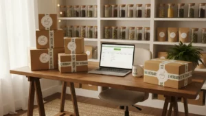 Small home office with branded shipping packages and ecommerce order dashboard on a laptop, representing niche ecommerce businesses