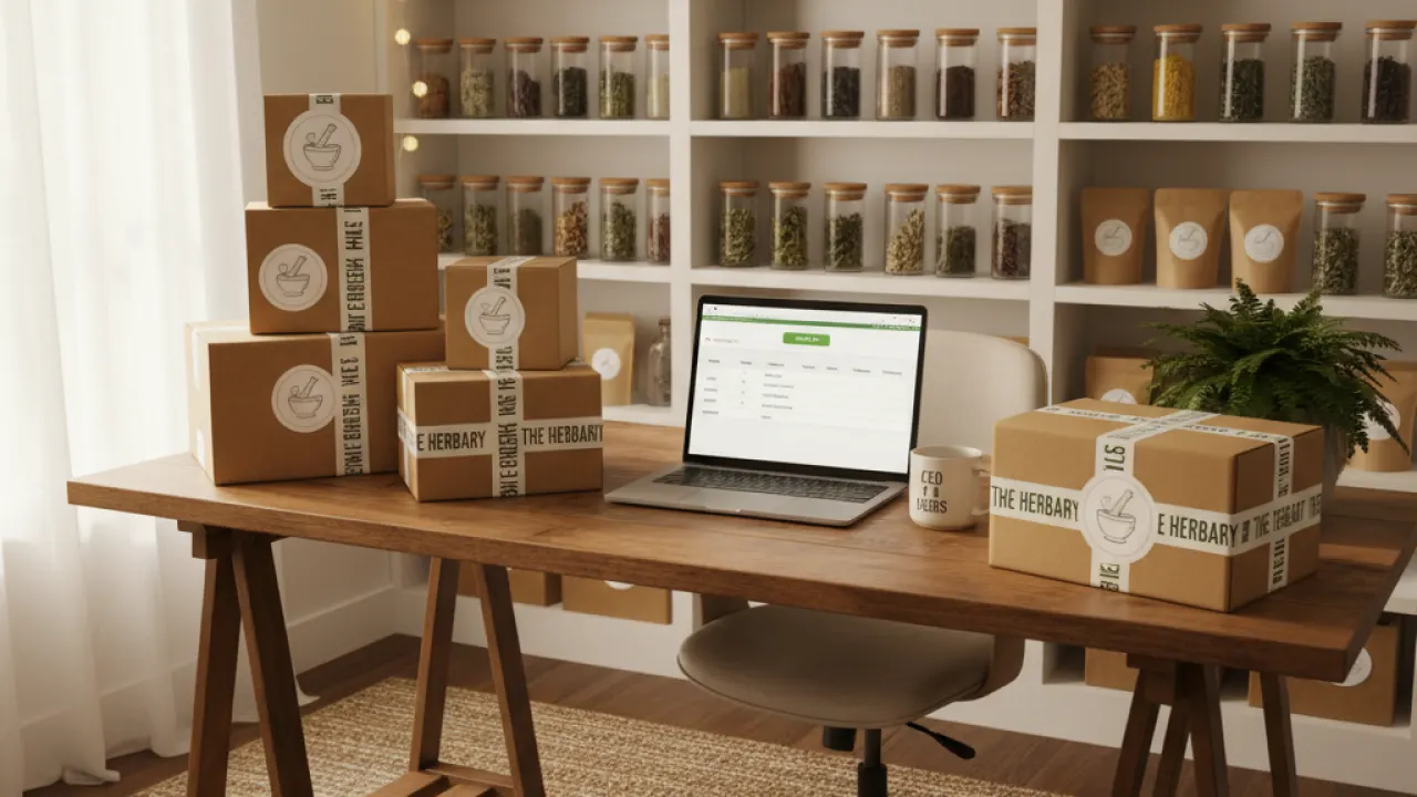 Small home office with branded shipping packages and ecommerce order dashboard on a laptop, representing niche ecommerce businesses