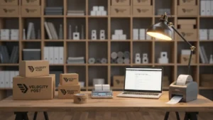 Niche ecommerce shipping station with branded boxes packing tape and label printer, representing scalable ecommerce businesses