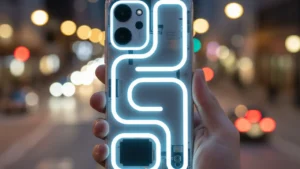 Hand holding Nothing Phone 3 with transparent back and glyph LED interface lit at evening city scene representing best mid range smartphone 2026