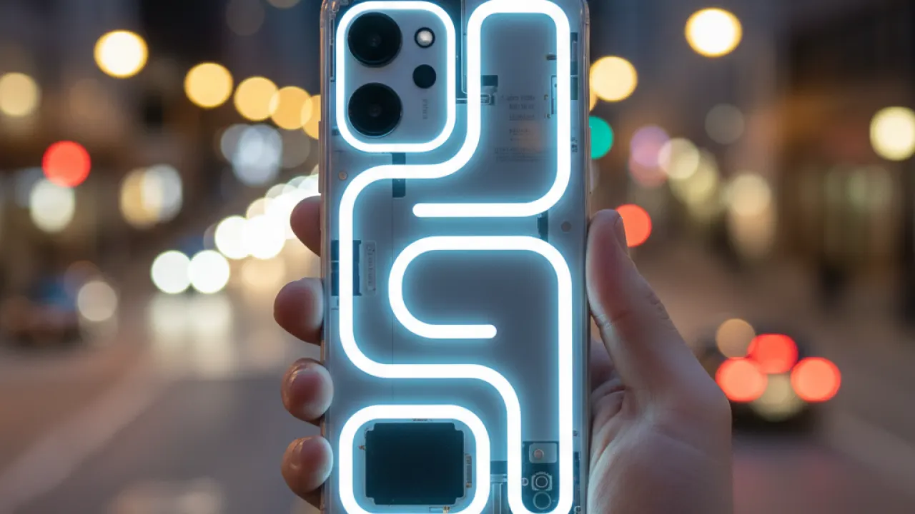 Hand holding Nothing Phone 3 with transparent back and glyph LED interface lit at evening city scene representing best mid range smartphone 2026