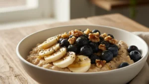 Bowl of overnight oats with blueberries banana walnuts chia seeds and honey on rustic table morning light, representing heart healthy breakfast
