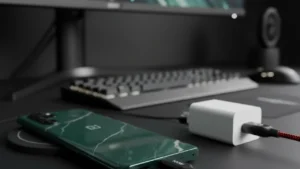 OnePlus 13 Pro dark green smartphone with 100W fast charging cable plugged in on modern desk, representing best fast charging phone 2026