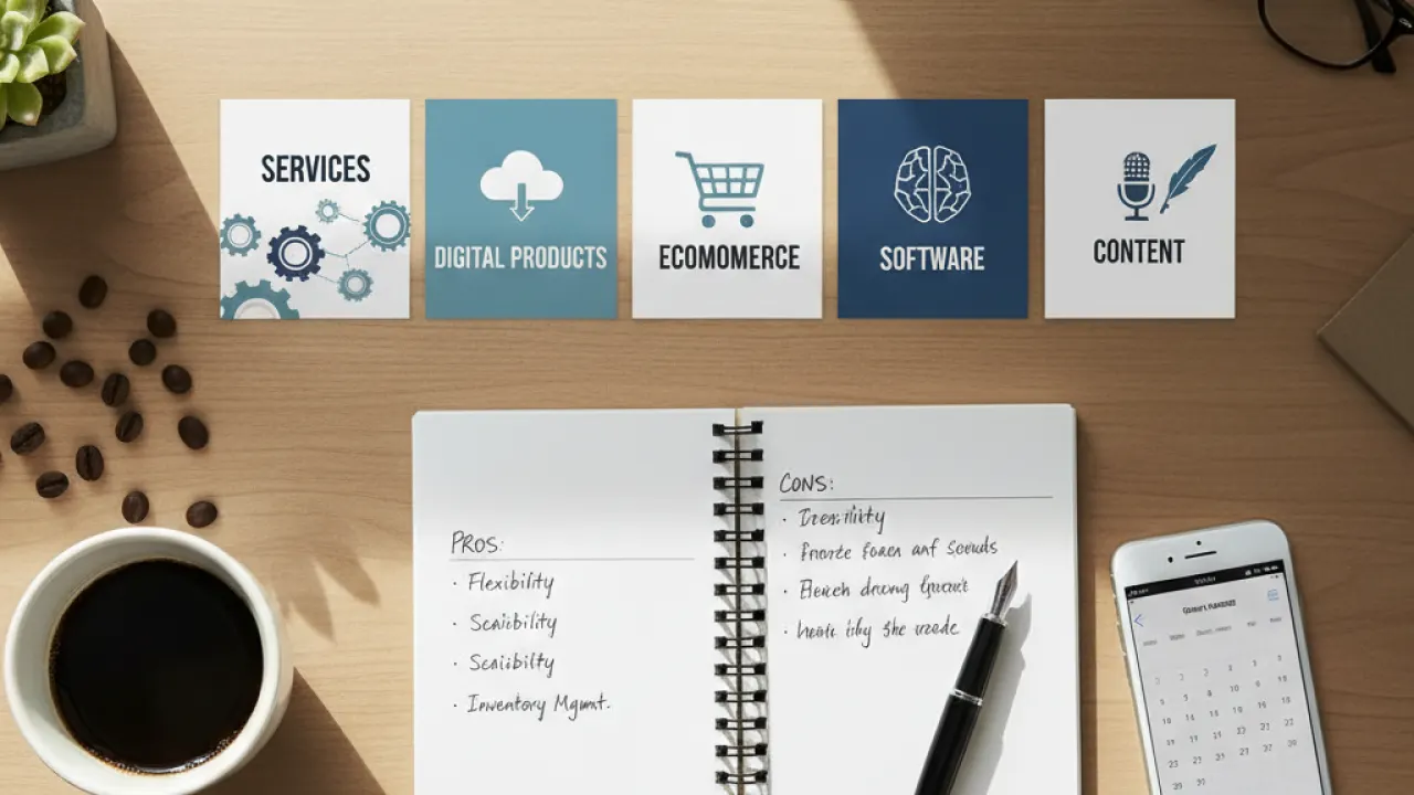 Online Business Models Compared - Services Products Software Content Flat-lay of five online business model cards on an entrepreneur desk with notebook and pros and cons list