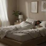 Peaceful bedroom at night with person sleeping soundly in soft moonlight with white linens representing best habits for better sleep 2026