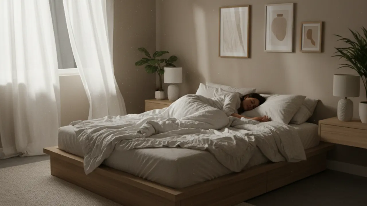 Peaceful bedroom at night with person sleeping soundly in soft moonlight with white linens representing best habits for better sleep 2026