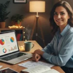 Confident professional at home studio with laptop showing social media analytics microphone and content planning notebooks representing how to build personal brand 2026