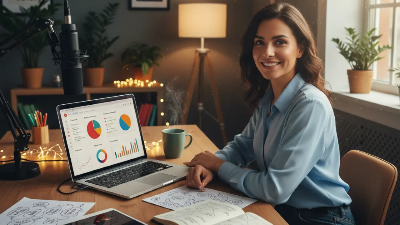 Confident professional at home studio with laptop showing social media analytics microphone and content planning notebooks representing how to build personal brand 2026