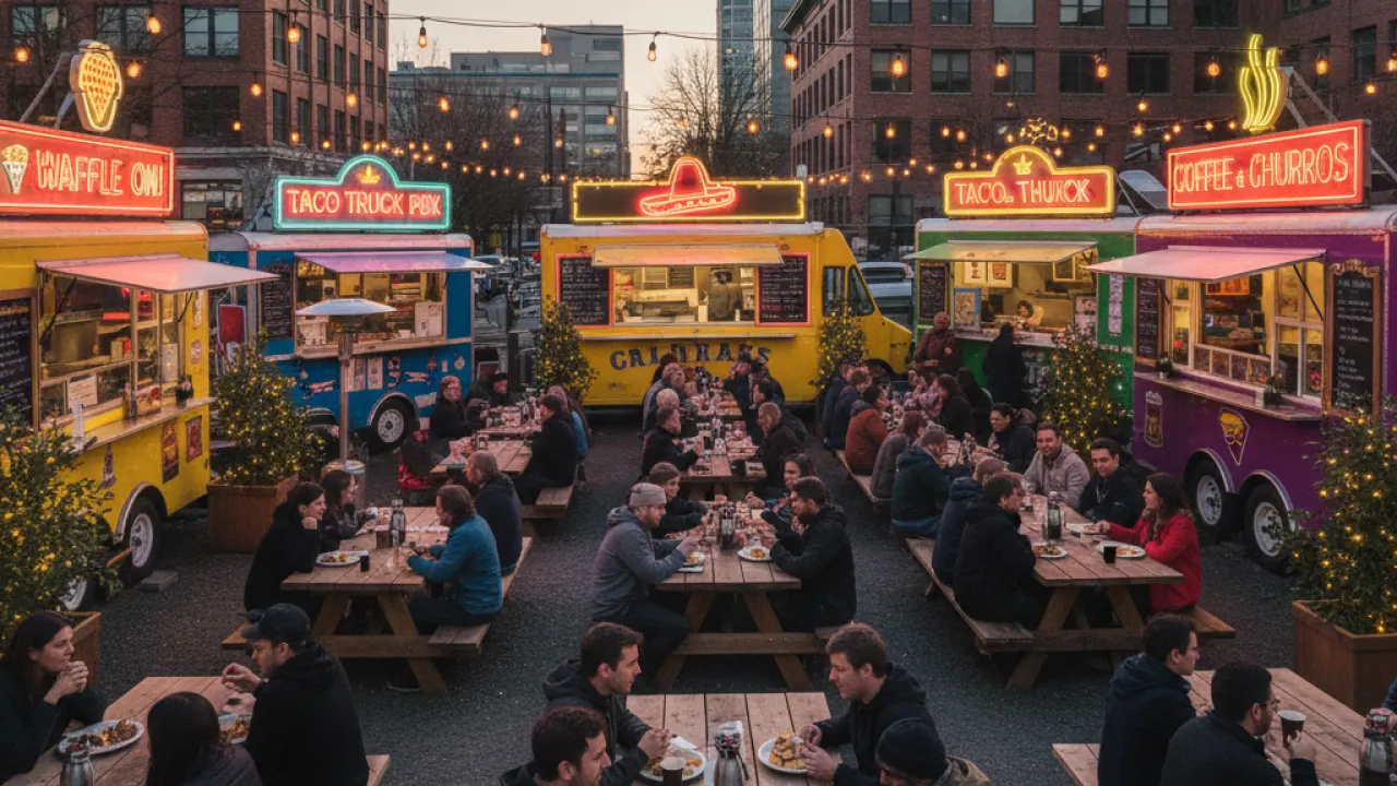 Portland Oregon food cart pod with neon signs and string lights at dusk, representing the citys food scene