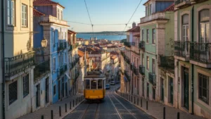Yellow tram climbing cobblestone street in Lisbon Alfama district with pastel buildings, representing Portugal as best value Europe destination 2026