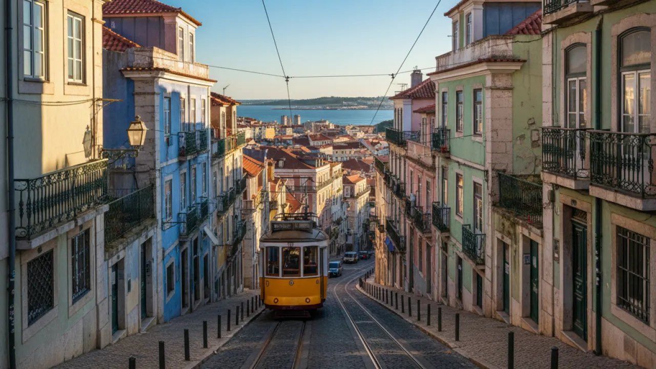 Yellow tram climbing cobblestone street in Lisbon Alfama district with pastel buildings, representing Portugal as best value Europe destination 2026