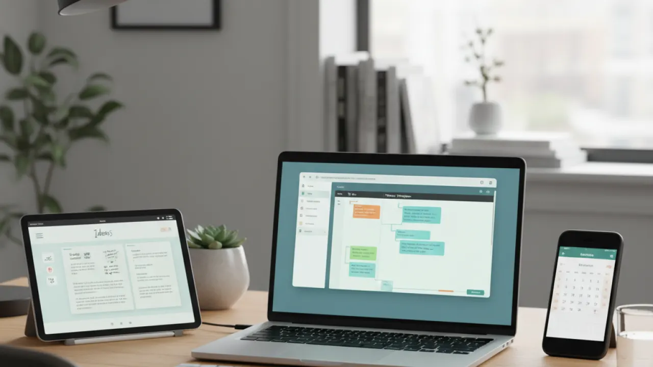 Modern desk with productivity apps on laptop tablet smartphone showing task management note taking and calendar apps representing best productivity apps 2026
