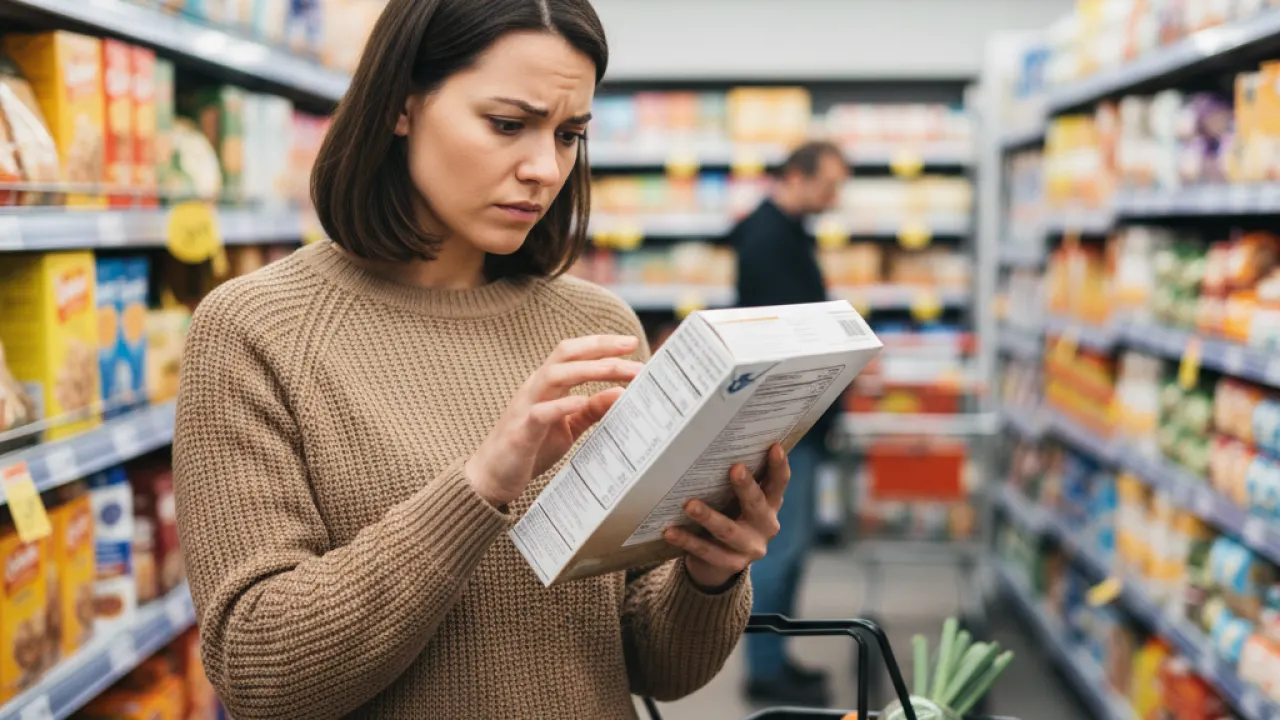 Person reading the ingredient label on food packaging in a grocery store, representing a key clean eating habit