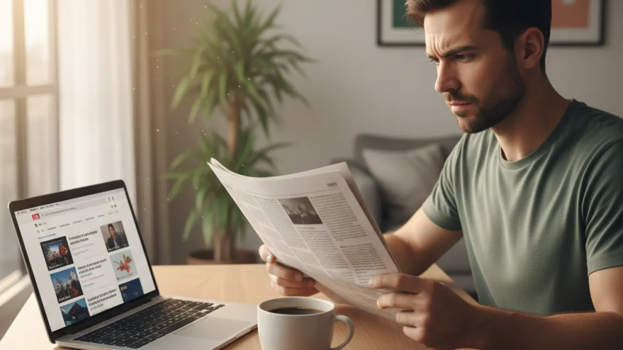 Person reading newspaper with coffee at desk with laptop showing news website in soft morning light, representing how to read news critically in 2026