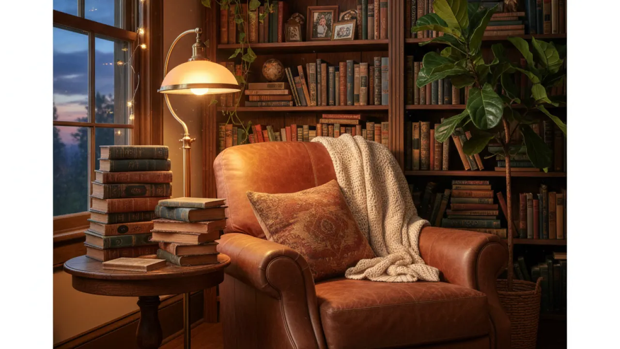 Cozy reading nook with stack of books on wooden table next to leather armchair with throw blanket and reading lamp representing top books to read 2026