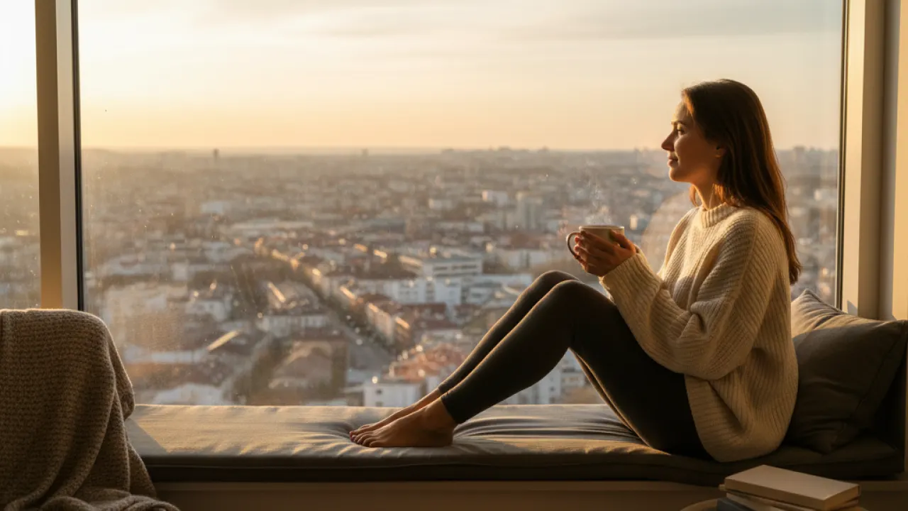 Reflective Moment by Window - Quiet Personal Growth A person sitting at a window with tea in reflective mood, representing the quiet inner work of becoming a better person