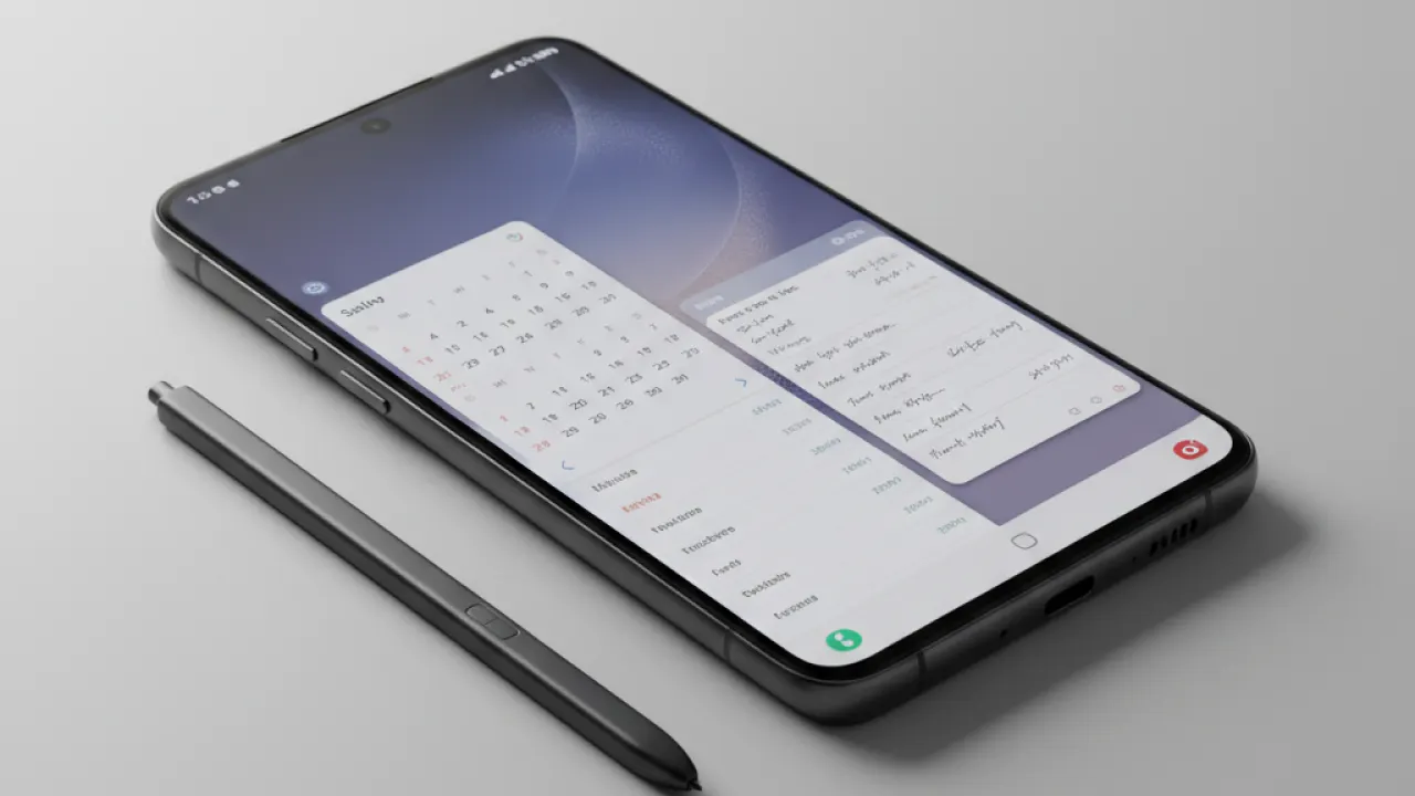 Samsung Galaxy S26 Ultra in dark titanium with S Pen and split screen One UI display, representing best Android phone for productivity 2026