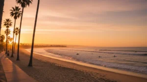 San Diego beach at sunset with palm trees and surfers, representing the West coast city travel experience