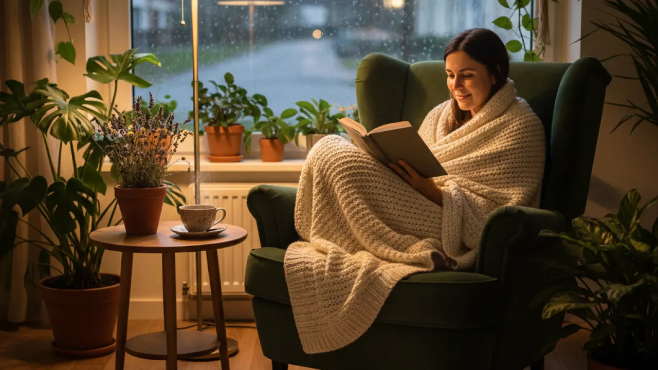 Calm self care scene with person reading book on cozy chair with herbal tea and soft lamp light representing best self care habits for mental health 2026