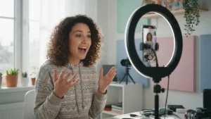 Content creator filming short-form vertical video with ring light and tripod, representing the dominant format on social media in 2026