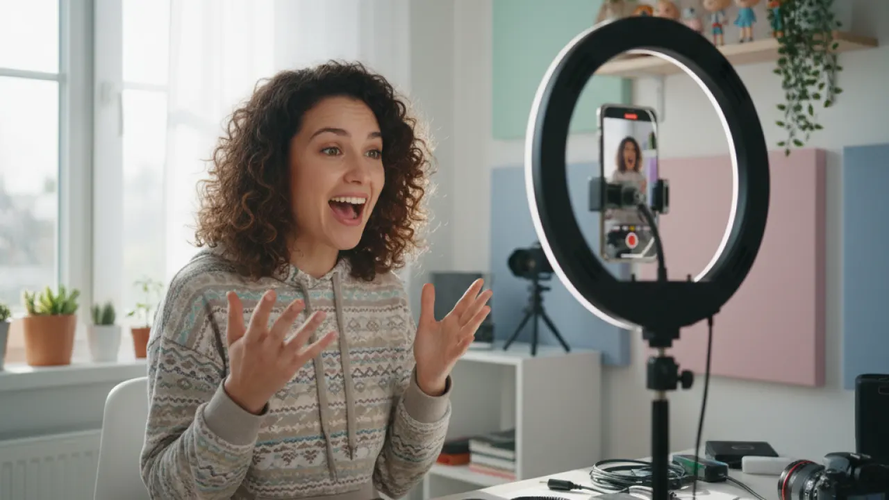 Content creator filming short-form vertical video with ring light and tripod, representing the dominant format on social media in 2026