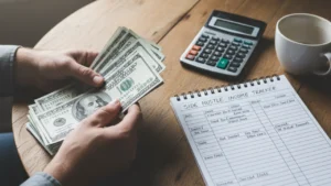 Hands counting cash and writing income tracker in notebook with calculator on wooden table, representing tracking real side hustle income